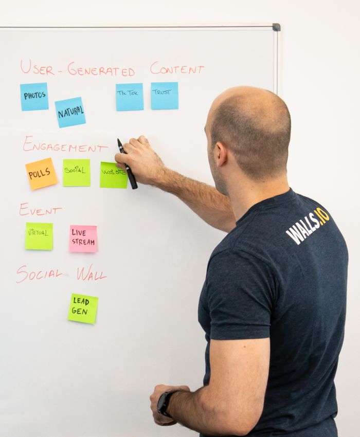Homme analysant des stratégies de contenu marketing à l'aide de post-it sur un tableau blanc.